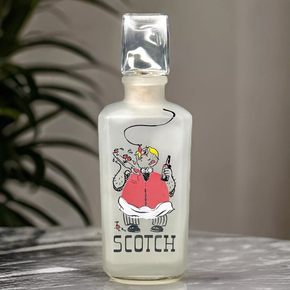 Vintage‎ Frosted Glass Scotch Liquor Decanter Gay Fad Studios Barware Bottle MCM